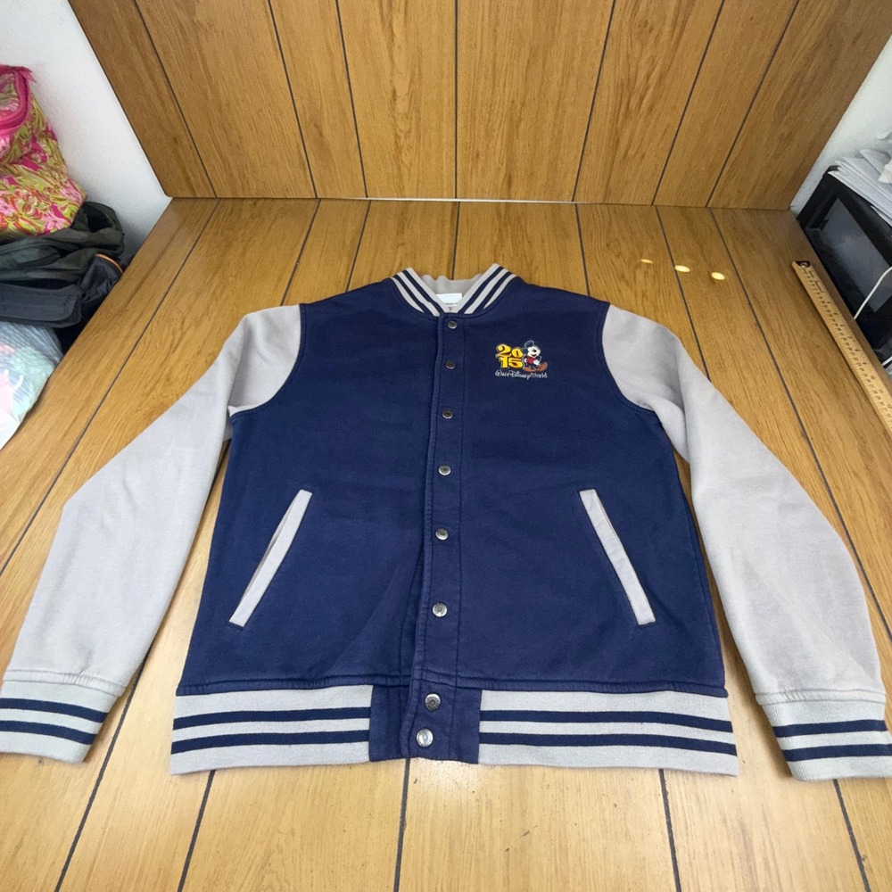 Disney World 2015 Mickey Mouse Varsity Bomber Jacket Navy Blue Grey M‎